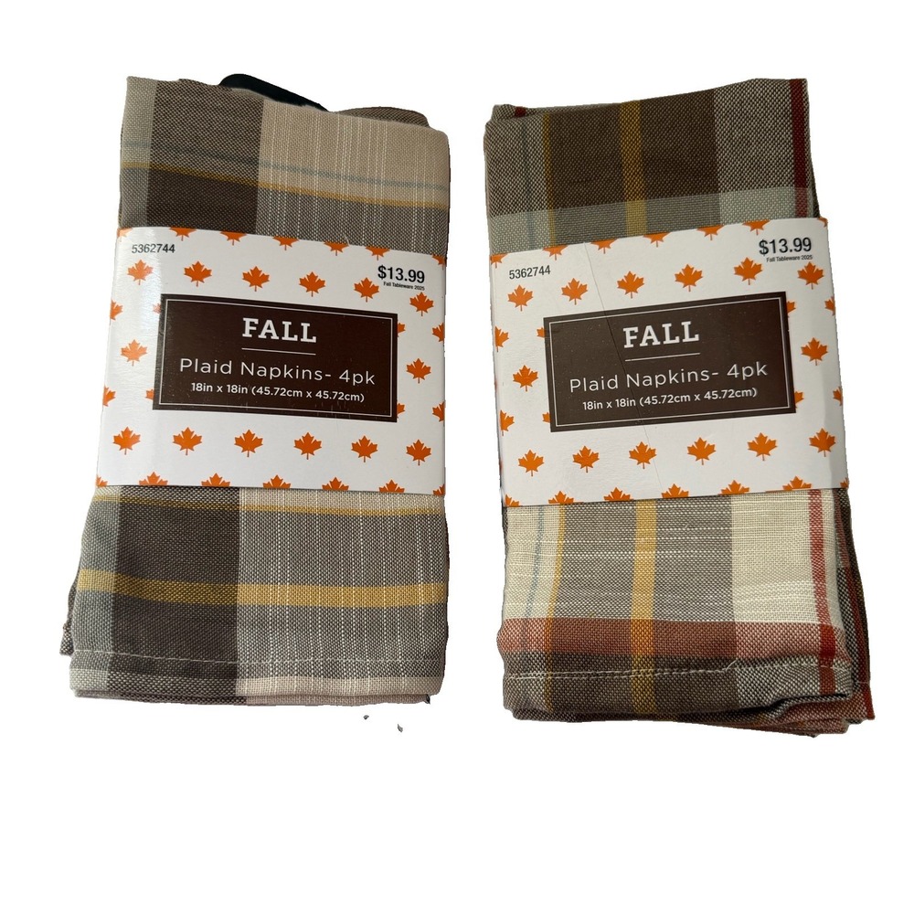 NEW 8 Plaid Cloth Fall Napkins 18" x 18" Brown Yellow Tan Hobby Lobby Autumn